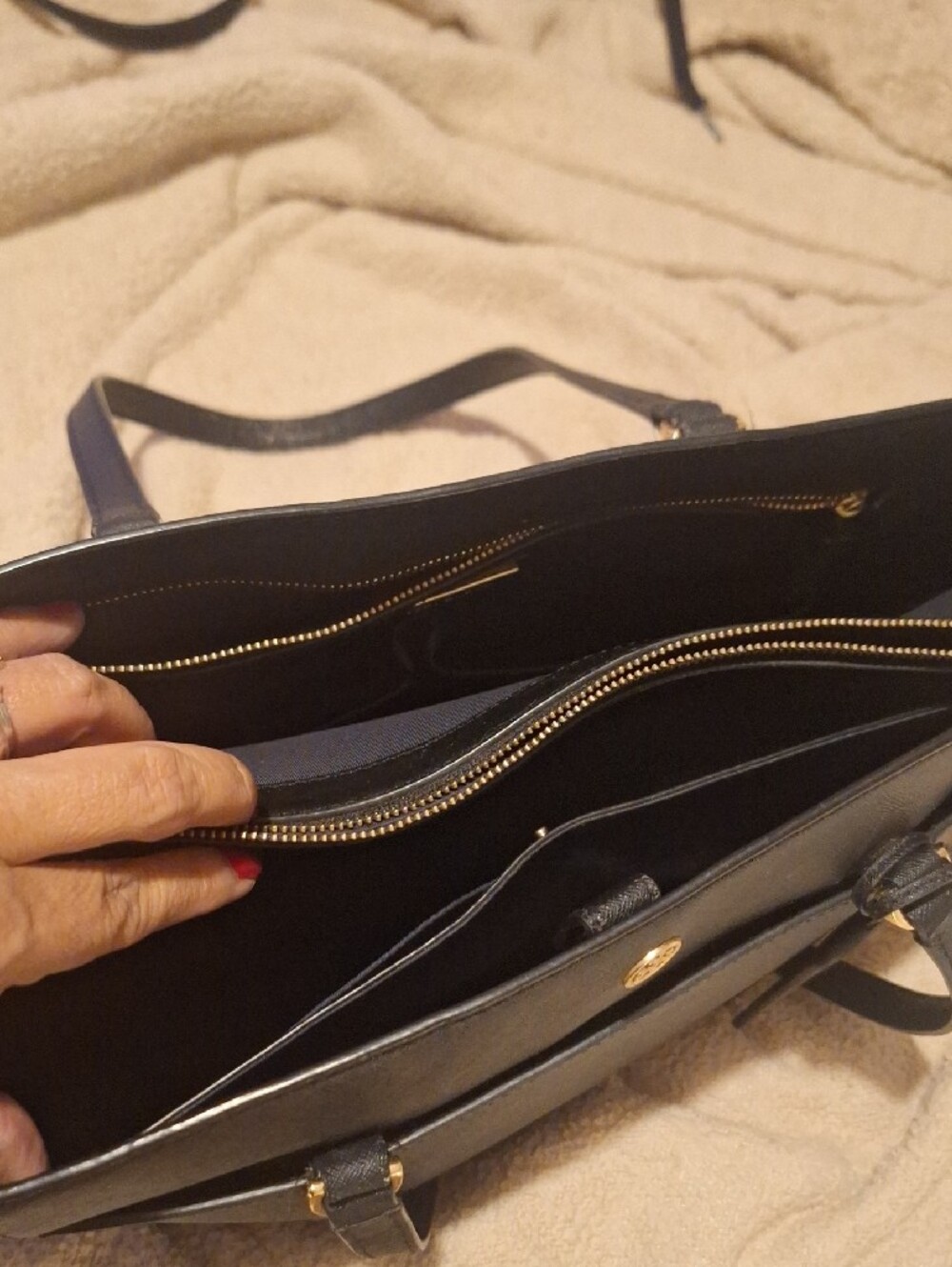Tory Burch Black Leather Double-Handle Tote with Logo Tag - Picture 3 of 7